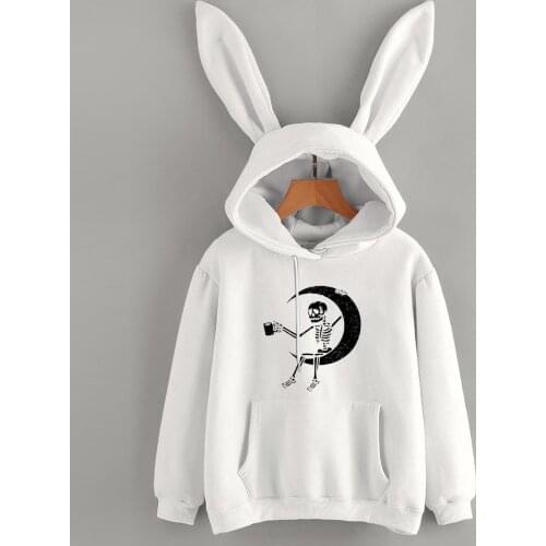 Hoodies Womens Casual Kawaii Rabbit Cap Drawstring Pockets Print Long Sleeve Hooded Sweatshirt Tops Cute Womens Sweatshirt