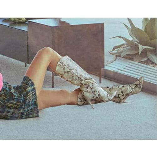 Grey Snake High Heel Boots Women High Heel Thick Boot Stripped Pointed Toe Slip On Shoes Female Big Size 34-45 Winter Shoes