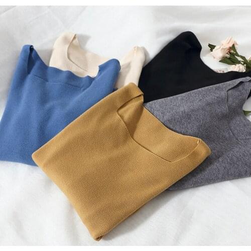 Buttons Knitted Square Neck Autumn Underwear Sweater Female Elegant Long Sleeve Sweater Women 2020 Autumn