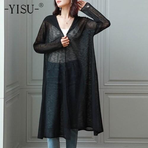 YISU Women Sweater Cardigan Solid color Hooded Long section Spring tops Long sleeve Female simple Casual Knitted Cardigan