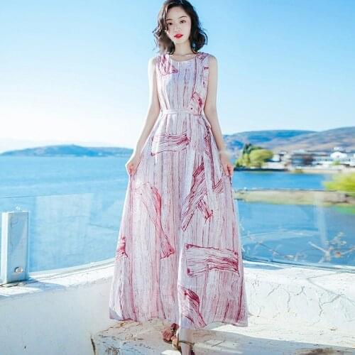 Women Sleeveless Summer Dress Ladies Bohemian Print Beach Big Swing Dresses