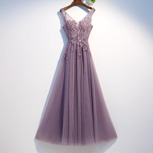 Bespoke Occasion Dresses Illusion V-Neck Sleeveless Lace A-Line Tulle Embroidery Beading Purple Women Formal Evening Gown HB172