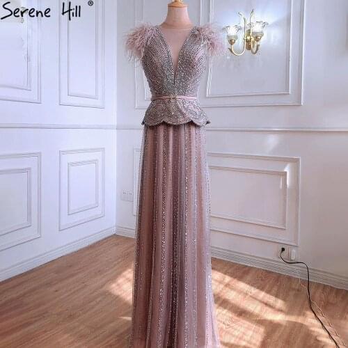 Serene Hill Pink Luxury Beaded Evening Gown 2021 Sexy Sleeveless Feather A-Line For Women Formal Party Dress CLA70929