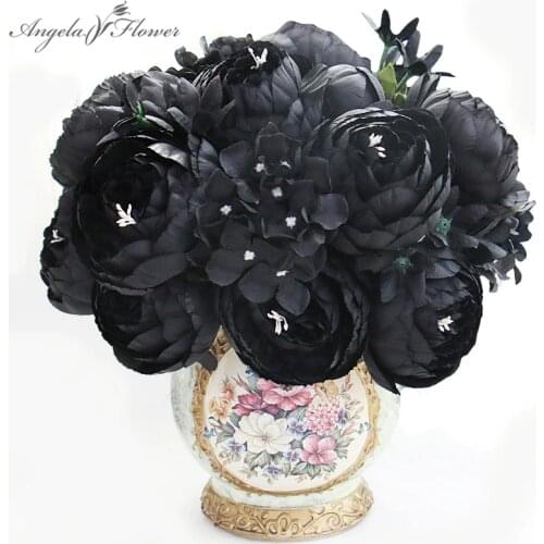 12 Heads Black Peony Hydrangea Rose Artificial Flower Bouquet Home Decor DIY Wedding Flower Wall Materials Photo Props Wholesale