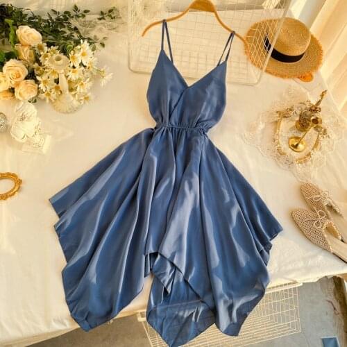 FMFSSOM 2021 Sexy Slim V Neck Asymmetrical Summer Midi Dress Party Spaghetti Strap Women Casual Beach Irregular Dresses