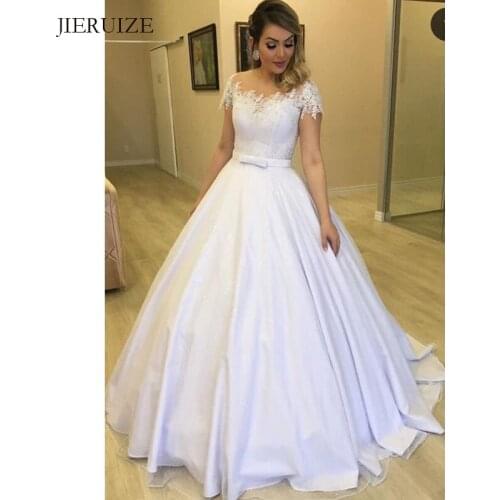 JIERUIZE White Lace Appliques Beaded Wedding Dresses Short Sleeves Ball Gown Bride Dresses Wedding Gowns