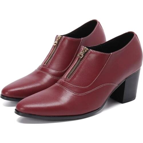 Elegant Italian Shoes Men Genuine Leather Wine Red Zip Male Weddding High Heels Oxfords Pointed Toe Burgundy Dress Suit Loafers