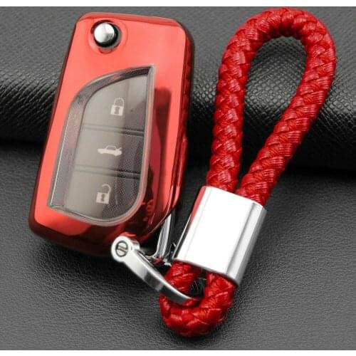1pc Red TPU Flip Car Key Fob Cover Chain Ring Case Fit For Toyota Camry CHR RAV4 Corolla Hatchback Sedan DIY Parts Moulding