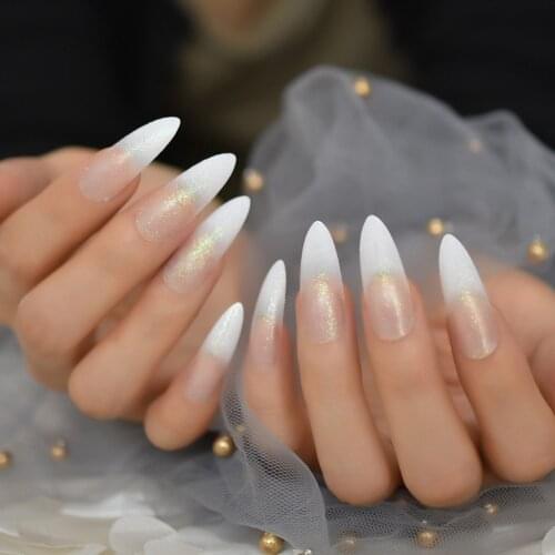 Holographic Glitter Stiletto Nail Tips Extra Long Clear Ombre French Nail Extreme Length Faux Ongles with Adhesive Sticker