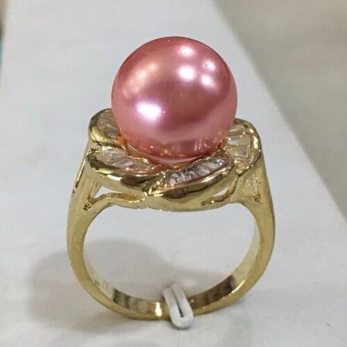 R010 New ladys 18kgp inlay crystal flower shape 12mm pink shell pearl fashion ring SIZE 6/7/8/9/10