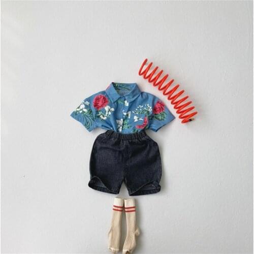 MILANCEL 2021 Summer New Kids Clothing Set Retro Style Flower Shirt Denim Shorts 2 Pcs Suit