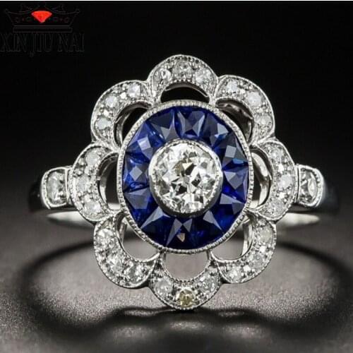 Royal nobility Flower Shape Blue Zircon Ring for Women Ladies Creative Unique Wedding Ring Fashion Women Jewelry aquamarine ring