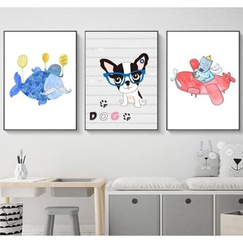 Cute Animal Dog and Airplane Posters Wall Art Canvas Painting Cuadros Nordic Picture Wall Pictures For Living Room Decoration