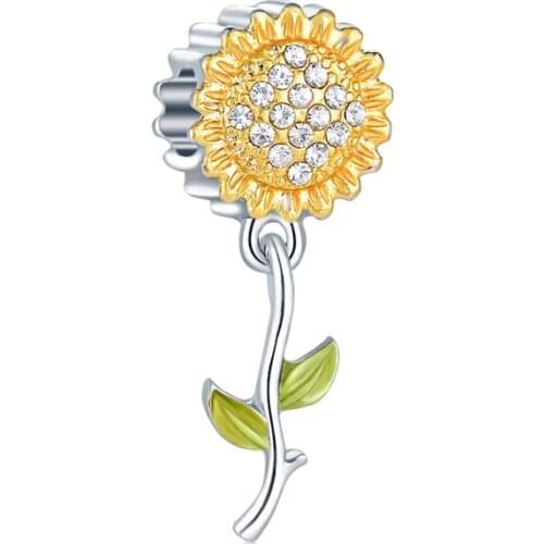Fashion Cute Sunflower Dangle Fit Original Pandora Charms Bracelet Women Clear CZ Sun Flower Beads for Jewelry Making DIY Bangle