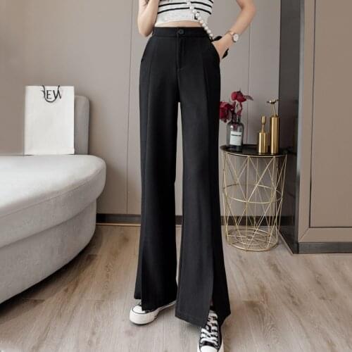 Spring Autumn Pantalones De Mujer Fashion Slit Black Wide Leg Pants Women Elastic High Waist Office Workwear Flared Trousers