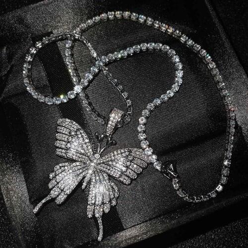 QTT Dazzling Big Butterfly Pendant Necklace Full Rhinestone 925 Sterling Silver Choker Chain Necklace Women Jewelry