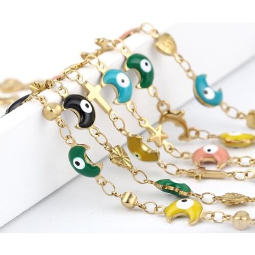 1 PC Stainless Steel Religious Bracelets Gold Plated Multicolor Evil Eye Enamel Chains Bracelet 2021 New,17.5cm- 17cm long