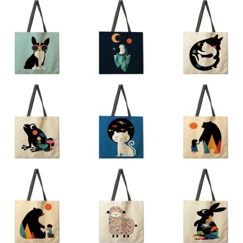 Folding shopping bag animal cartoon print bag lady shoulder bag female leisure handbag outdoor beach bag female handbag