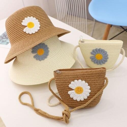 Solid Color Kids Straw Hat Girls Beach Sun Bonnets 2-6y Children Flower Bucket Hat and Cute Little Shoulder Bag Photography Prop