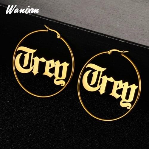 Wanixm Vintage Personalized Big Earrings for Women Custom Name Jewelry Old English Font Stainless Steel 20-70mm Circle Earring