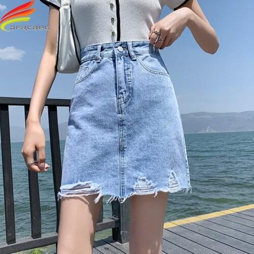 New Summer 2021 High Waist Denim Skirt Women High Waist A Line Hole Pockets Jeans Skirt Korean Style Casual Blue Color Saias