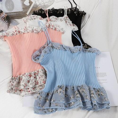 Women Print Chiffon Ruffles Cropped Tanks Tops Girls Knitted Sweet Chic Tee shirts Camis crop Top for Female 2020