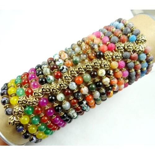 2017 Fashion Gold Lions head 8MM Natural Stone Bracelets For Women Men Tiger Eyes Agates Beaded Bracelets