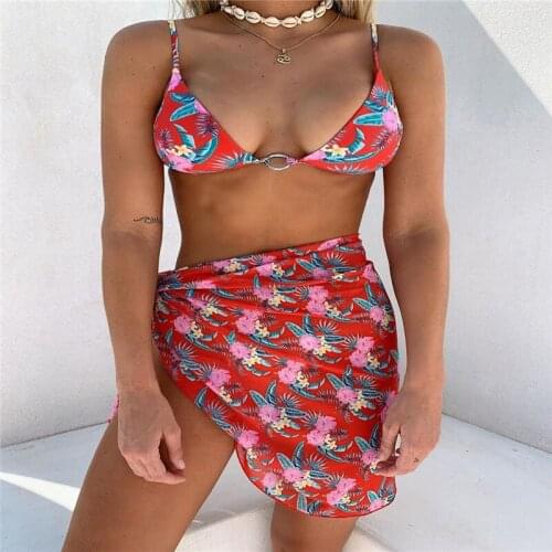 Women Summer Split Bikini Set Adults Ladies Creative Flower Plant Printing Sexy Backless Type Swimwear + Breathable Veil Kit