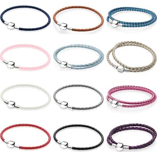 NEW Fashion 925 Sterling Silver Multicolor Mixed 12 Colors Women Double-Leather Bracelet Fit Charm DIY Gift Original Iconic Bead