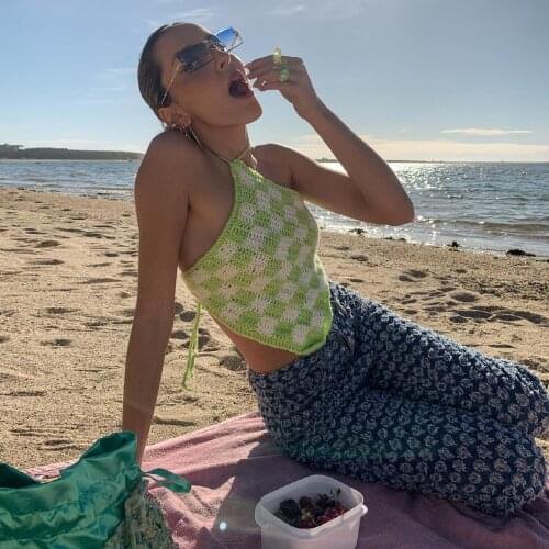 Halter Sexy Y2k Crop Top Casual Beach Holiday Womens Knitting Color Contrast Tops 2021 Summer Harajuku Tank Top Vintage Clothes