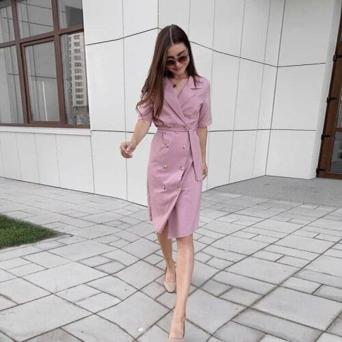 Women Office Lady Front Button Sashes Party Dress Short Sleeve Notched Collar Solid Sheath Casual Dress 2021 Spring New Dress