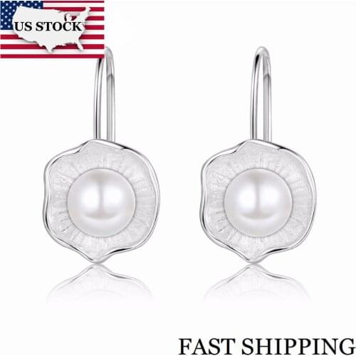 US STOCK Uloveido Flower Simulated Pearl Wedding Earrings Silver Jewelry for Women Bridal Lotus Earrings 15% Off BL3355