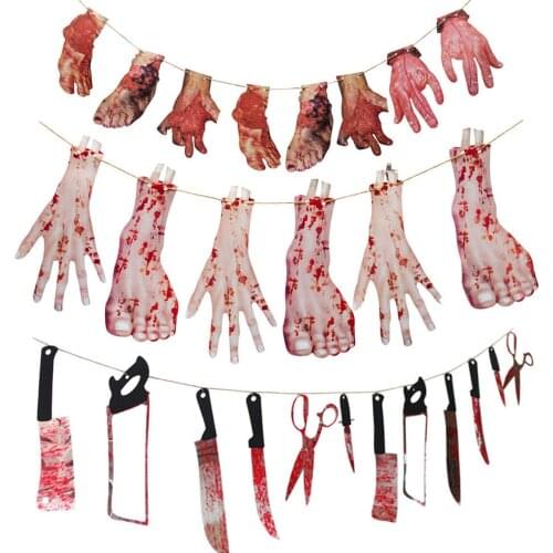 1Set Horror Creepy Hanging Hand Scary Limbs Arms Bloody Paper Garland Banner DIY Halloween Decoration Prop Party Supplies Favors
