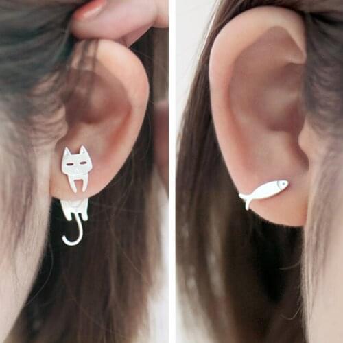 Asymmetrical Cat Fish Ear Studs Gift Simple Temperament Personality Cute Sweet Fish Cat Ear Studs for Women