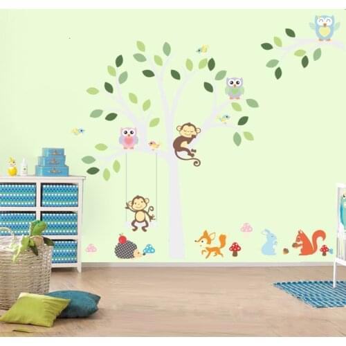 White Tree Wall Stickers Fox Owls Monkey Sleep Swing For Kids Children Room Birds Wall Decal Vinyl Sticker Nursery Room Decor