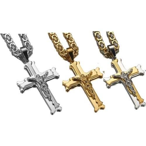 Trendy 316L Stainless Steel Christmas Gift Jesus Cross Pendant Necklace Jewelry with 16-34inch Byzantine Box Chain