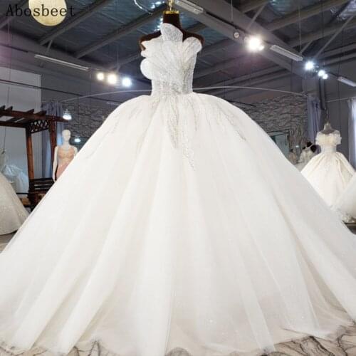 Elegant Strapless Neck Shining Tulle 200CM Train Ball Gown Wedding Dress 2021 New Exquisite Beads Top Lace Up Back Wedding Gown