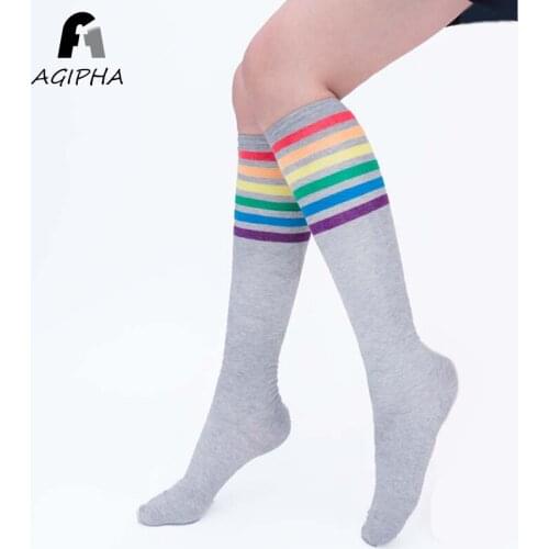 Women Knee Socks Autumn Winter Cotton Stockings Rainbow Colorful Striped Girls Long Sock in White Black Grey Color