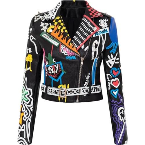 Rivet beading Pu Leather Jacket Women Graffiti Colorful Print Biker Jackets and Coats PUNK Streetwear jacket