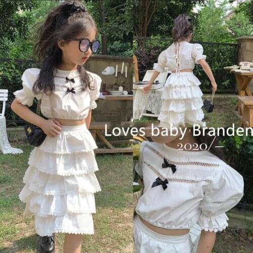 Girls summer new sets teenage white Backless tops + lace Cake skirt 2 pcs sets bow suits children clothes 4-14Y ws1665