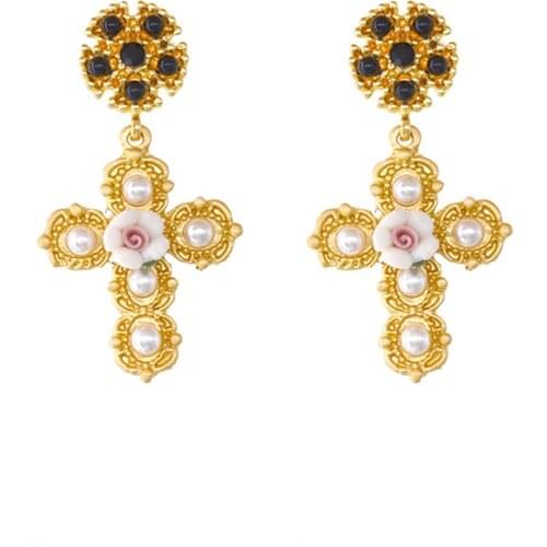 Cross New Fashion Dangle Ceramic Flower Earrings Rhinestone Retro Women Earrings Jewelry Valentines Gifts