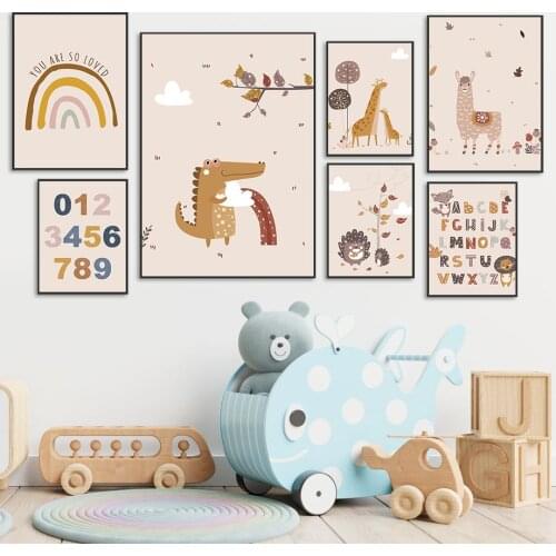 Boho Rainbow Wall Art Poster Alpaca Giraffe Dinosaur Hedgehog Animal Print Alphabet Arabic Alphabet Canvas Painting Home Decor