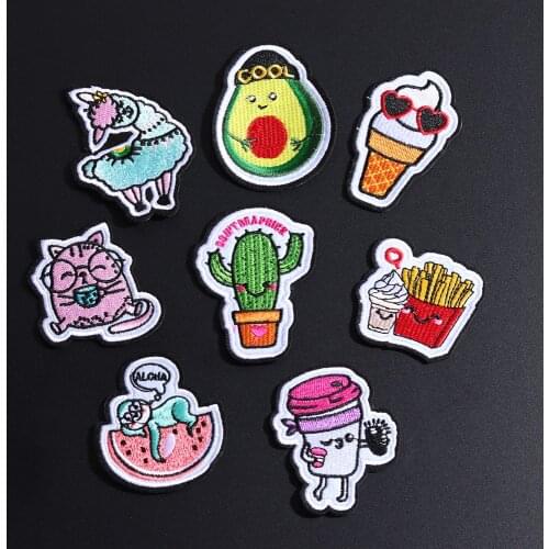 Milk drink bottle Fruit Avocado Patches Ironing Clothes Watermelon Sloth Embroidery Applique cat alpaca Patch DIY Accessories