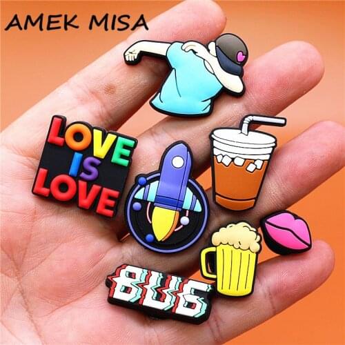 Luxury New Love Shoe Charms Mouth Spacecraft Juvenile Coffee Beer PVC Shoe Accessories Decoration Fit Croc Jibz Party Kids Gifts