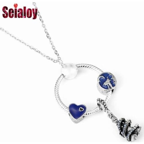 Seialoy Cartoon Blue Princess Pendant Necklace Silver Color Heart Beads Charm Necklace For Women Lovers Birthday Party Jewelry