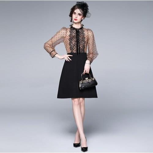 Seiwnibu Women Fashion Autumn Designer Party Short Dress Lace Ruffles Dot Print Lantern Sleeve Ladies A-Line Dresses vestidos