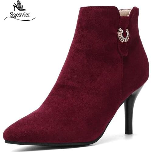 Sgesvier Black Suede Zipper Sexy Thin High Heel Women Ankle Boots Fashion Pointed Toe Autumn Winter New Shoes Size 32-46 G691