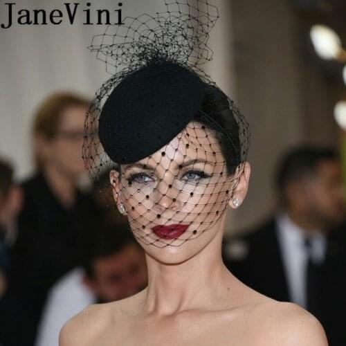 JaneVini Black Birdcage Veil Wedding Hat White Facinators Bridal Hats Chic Women Headwear 2019 Wedding Acsessoire for Hair