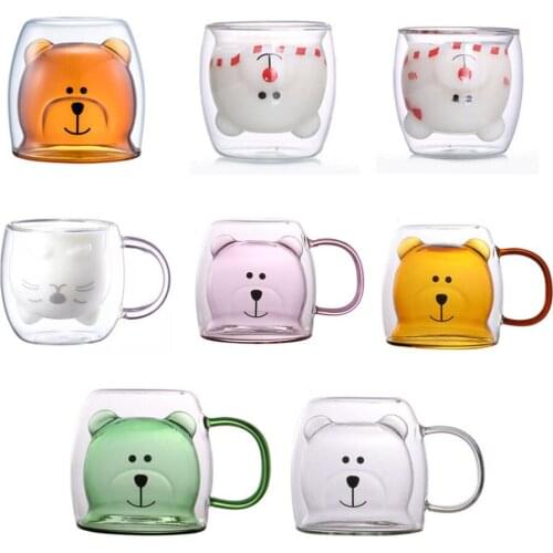 250ml Glass Mugs Cute Bear Cat Animal Double Wall Glass Mug Double-layer Glass Milk Mug Coffee Cup Christmas Gift