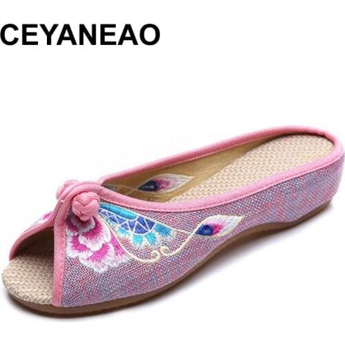 CEYANEAOVintage Embroidered Women Sandals Summer New Linen Chinese Canvas Old BeiJing Flowers SandalsSoft Shoes Size 35-41E1429